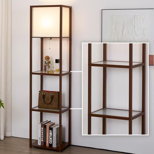 Floor Lamp with Shelves, Modern Shelf Lamps with Tempered Glass, Standing Lamp with LED Bulb, Display Corner Shelf with Lights for Living Room, Bedroom, Office,Walnut Brown