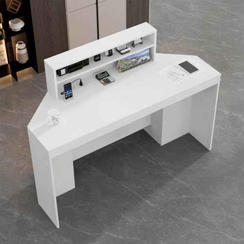 VOWNER 39.3" H Modern Reception Desk with LED Lighting, Office Counter with Display Cabinet, Secretary Desk with Power Outlets ? Front Desk for Salon, Lobby (55.1" W x 21.2" D x 39.3" H) (White)