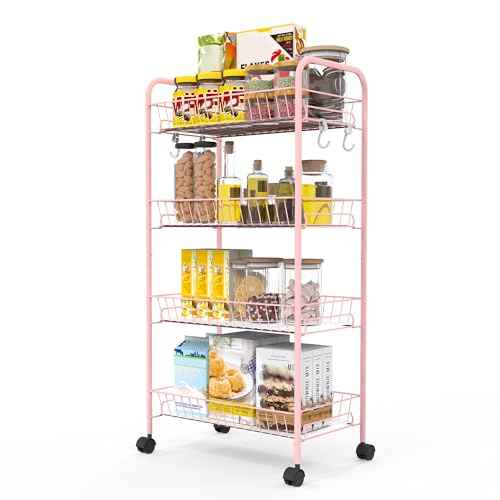PLKOW 4-Tier Metal Rolling Utility Cart, Multi-Functional Storage Cart for Office, Living Room, Kitchen, Bathroom, Lightweight Organizer Cart with Wheels, Pink