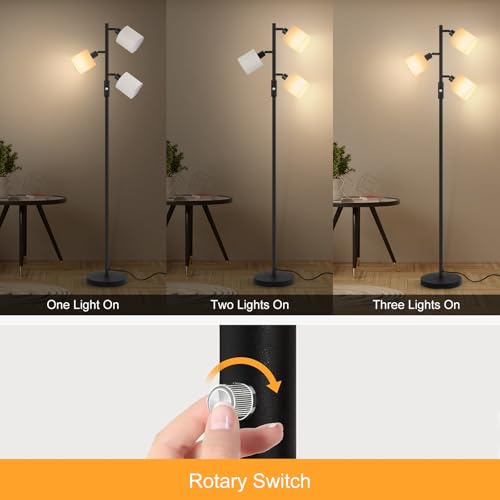 Floor Lamps for Living Room, Standing Lamp, 3-Light Tree Floor Lamp with Lampshade, Reading Floor Lamp with Rotary Switch, 63" Tall Lamp, Modern Pole Lamp for Bedroom Office Kids Room (5W LED Bulbs)