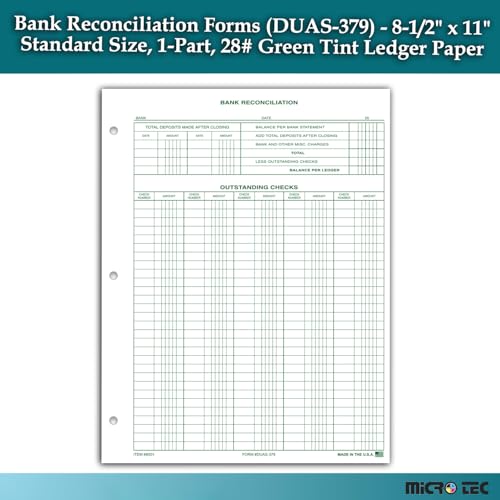 Bank Reconciliation Forms (DUAS-379) 8.5 x 11 Green Ledger Paper, Pack of 25