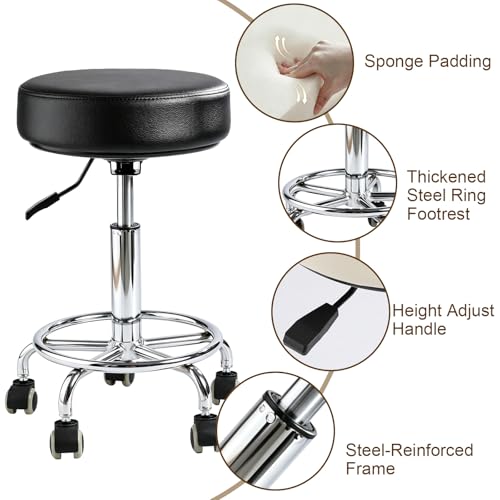 LIMKOMES Black Heavy-Duty Adjustable Rolling Stool with Wheels & Foot Ring