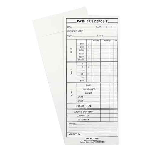 500 Cashier Depot - Cashier's Report Envelopes EZ400W, 4 1/8 x 9 1/2 Inch, White 24lb Paper, Gum Flap Closure, Cash Drop for Business Deposits, 500 Count