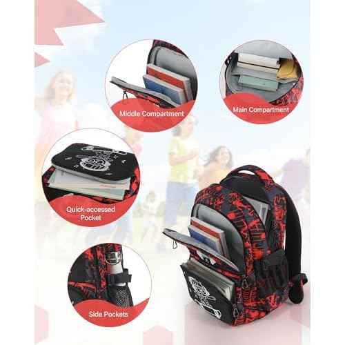 School Backpack for Boys Backpacks for Kids Camo Bookbag Teens Middle School Bags Waterproof Travel Backpack-Red