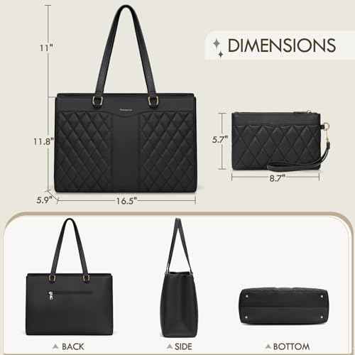 RAINSMORE Laptop Bag for Women 15.6 Inch Work Tote Bags Leather Laptop Tote Professional Laptop Purse Computer Handbag Womens Briefcase Tote with Clutch for Teacher Office Travel, Black
