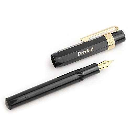 Kaweco Sport Classic Fountain Pen Black, Fine Nib Sport Octagonal Clip Gold.