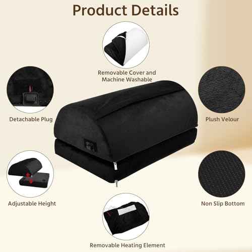 Heated Foot Rest for Under Desk at Work, Ergonomic Footrest Warmer for Office, Foot Warmers for Feet with Double Layer Adjustable Height and Washable Cover, Detachable Heating Design