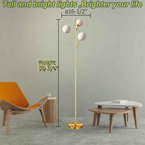 Globe Mid Century Tree Floor Lamp with 3 Light Bulbs,70in Tall Standing Glod Floor Lamp with Frosted Glass Shade for Living Room,Office,Bedroom, Study Room, Hotel, Antique Brass Lighting