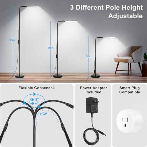 LED Floor Lamp, 18W/2000LM Bright Reading Floor Lamp for Office with Double Head, Adjustable Gooseneck Dimmable Modern Standing Light for Lash Extension Craft, Eye Caring Floor Lamps for Living Room