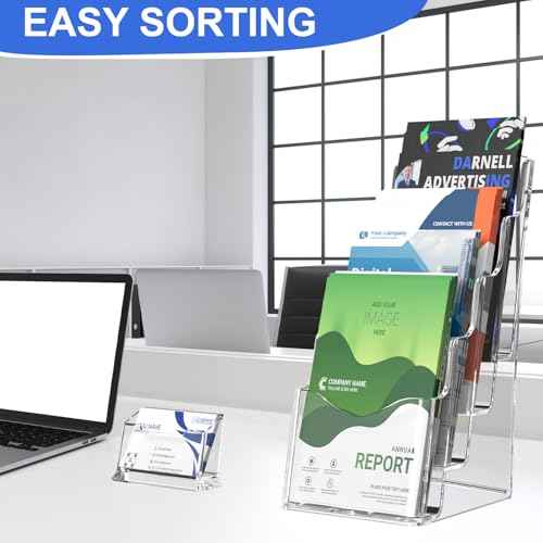 4 Pcs Acrylic Brochure Holder, 4 x9 Inches Flyer Holder, 4 Tier Clear Pamphlet Holder, 4 Inch Wide Magazine Literature Organizer Holder, Brochure Display Stand, for Wall Mount or Desktop Use