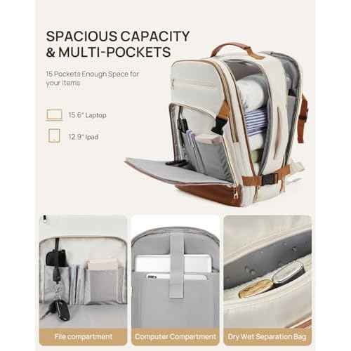 Telena Travel Backpack for Women, 15.6 inch Laptop Backpack TSA Carry on Backpack Personal Item Size Flight Approved Travel Bag Daypack with Multi-Pockets for Work, Travel, Business, Beige-Brown