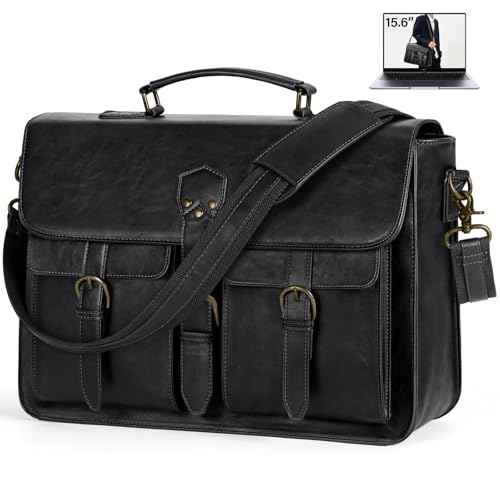 RAINSMORE Messenger Bag for Men 15.6 Inch Vintage Leather Laptop Briefcase Large Laptop Bag Waterproof Satchel Bag Computer Shoulder Bag for Office Work Travel College, Black