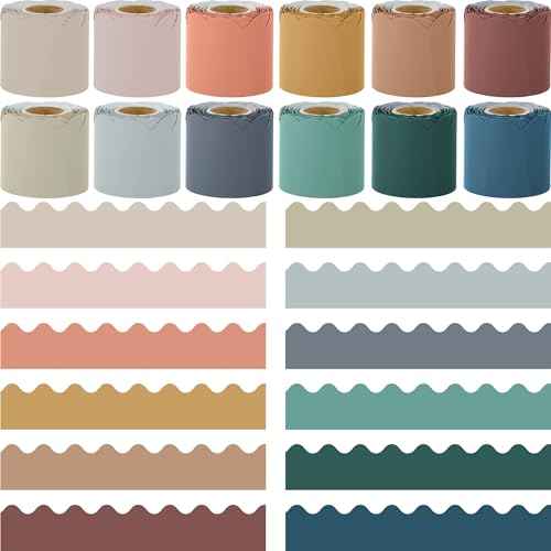 Elcoho 12 Rolls 393.6 Feet Scalloped Bulletin Board Borders Boho Colors Classroom Borders for Bulletin Board Trim Bulletin Board Decorations Bulletin Borders for School, Classroom Decorations