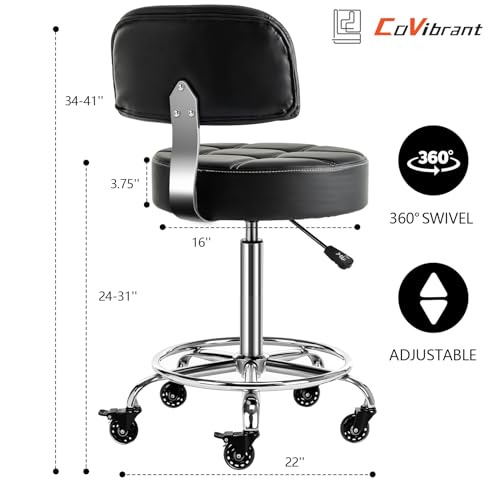 Lockable Rolling Stool with Backrest & Foot Rest, 24-31in Adjustable Height, Black – CoVibrant