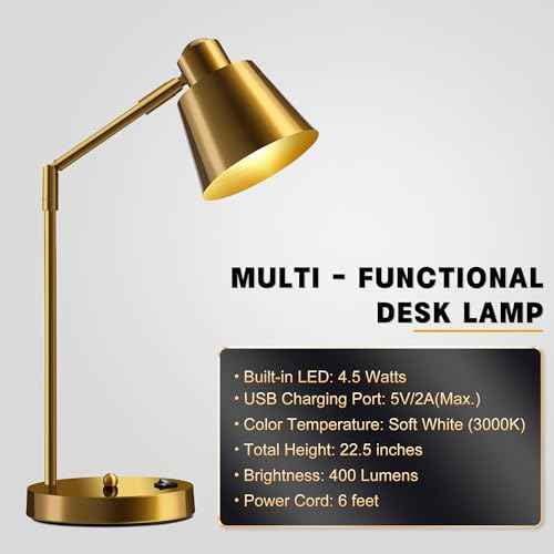 LED Desk Lamp with Dual USB Charging Ports, 100% Metal, 270¡Æ Swivel Arms, Soft White Light (3000K), Bedside Reading Lamp, Home Office Lamp(Golden)