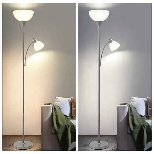 HonoDing Adjustable Silver Floor Lamp with Reading Light Susan Modern Standing Lamps for Living Room/Office Lamp 72" Tall - 150-watt with Side Reading Light Corner Lamps (Silver)