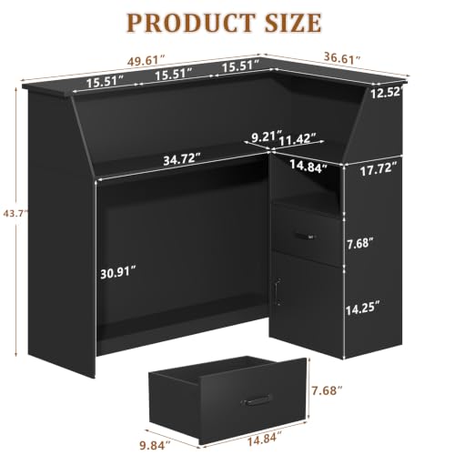 HIMcup Black Reception Desk with Outlet, LED Lights & Glass Display – L-Shaped Corner Counter