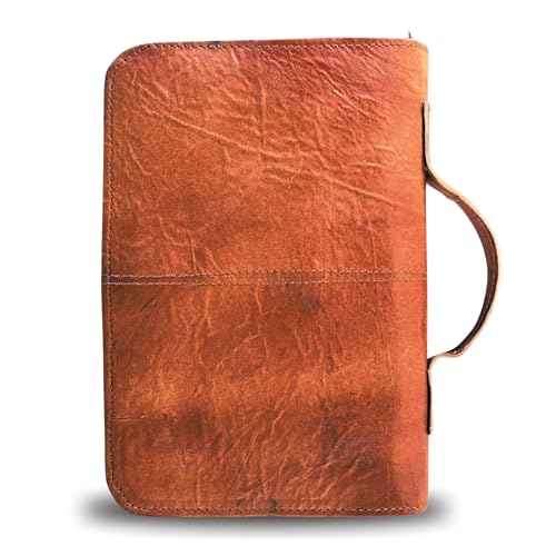 Leather Bible Cover Book Cover Planner Cover with Zipper & Handle and Inner Pocket for Men and Women- Church Bag Carrying Case Christian Religious Gifts (Brown, Medium)