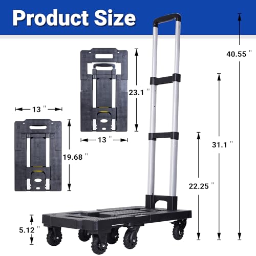 Upgraded 600LB Heavy Duty Folding Hand Truck Dolly, Light Weight Utility Dolly Platform Cart with 7 Wheels, Brakes, Handle Lock, and 2 Elastic Ropes for Luggage, Moving, Shopping Use