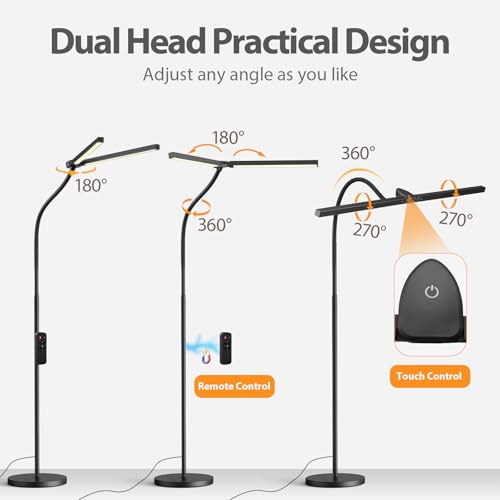 Led Floor Lamp for Office, 24W 2400LM Tall Reading Lamp, Dual Head Standing Task Lamp with Remote, Large Goose Neck Lash Light, Craft Work Lights, Puzzle Lights for Tattoo, Piano, Sewing