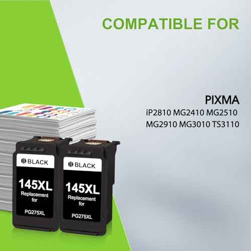 PG-145XL Black Ink Cartridges Combo Pack Replacement for Canon 145XL 145 PG 145 High Yield for PIXMA TS3110 iP2810 MG2410 MG2510 MG2910 MG3010 (2 Black)