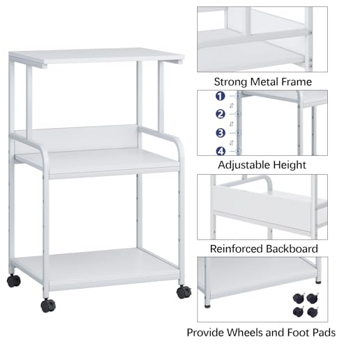 Printer Stand with Storage Shelf,3 Tier Printer Cart with Wheels,Mobile Printer Table for Home Office,Stands for Printer Heat Press Scanner Fax,Industrial Style (White)