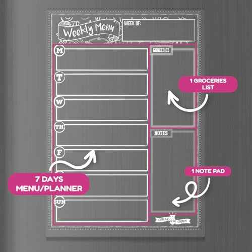 CHALKY CROWN Acrylic Magnetic Weekly Planner for Fridge - Menu Board for Kitchen with 8 Magnetic Markers - Weekly Meal Planner for Fridge with Grocery List & Notepad - Menu Planner (14.5x10.2)