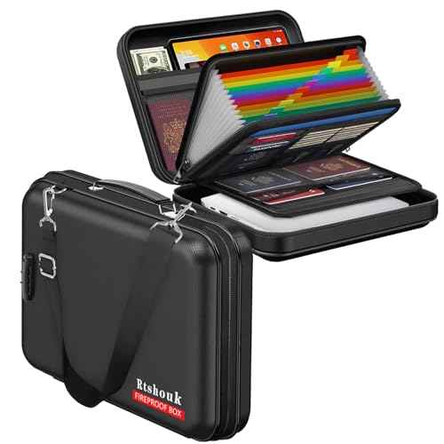 Fireproof Document Box with Lock & Shoulder Strap - Waterproof Hard-Shell File Organizer with Pocket Accordion File Folder, Portable Fireproof Box Safe Storage for Important Documents, Laptop