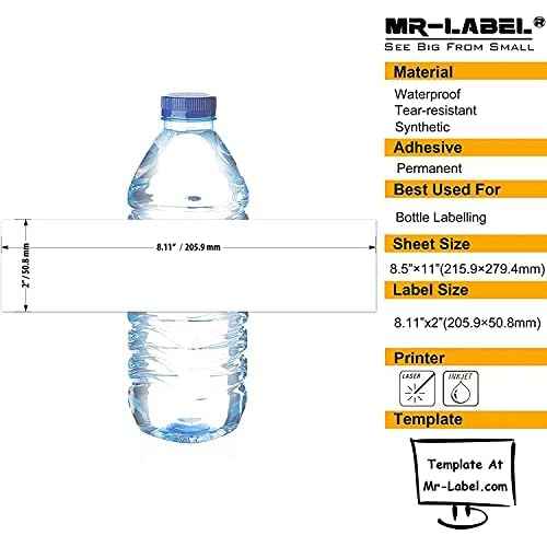 Mr-Label 8.11"¡¿2" Waterproof Matte White Water Bottle Labels ? for Inkjet/Laser Printer ? Self-Adhesive Wraparound - for Wedding|Baby Shower|Corporate Event (100 Sheets Total 500 Labels)