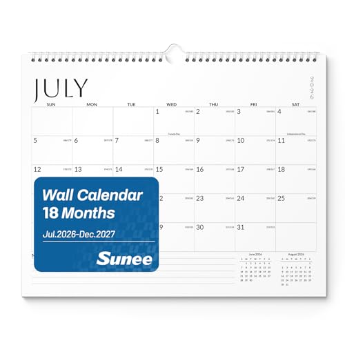 SUNEE 2026-2027 Wall Calendar 18 Months Jul. 2026-Dec. 2027 White Large Grid Planning Organizer