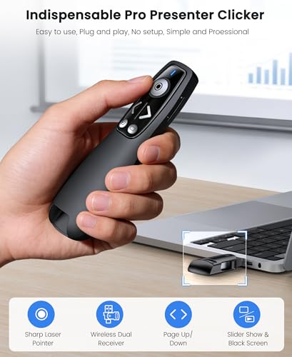 ELISWEEN Black Wireless Presentation Clicker with USB-A & USB-C Receiver, Red Light Pointer, Volume Control