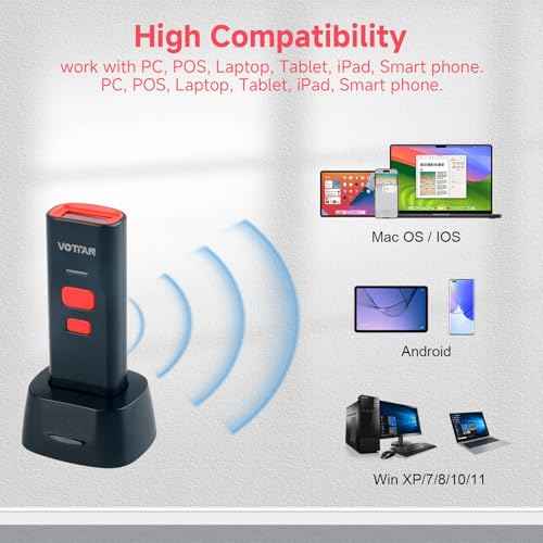 VOTTAN Bluetooth QR Barcode Scanner with Charge Stand, 1D 2D PDF417 UPC Pocket Bar Code Reader, 3-in-1 Rechargeable Automatic Scan Wireless Barcode Scanner for POS, PC, iOS, Android