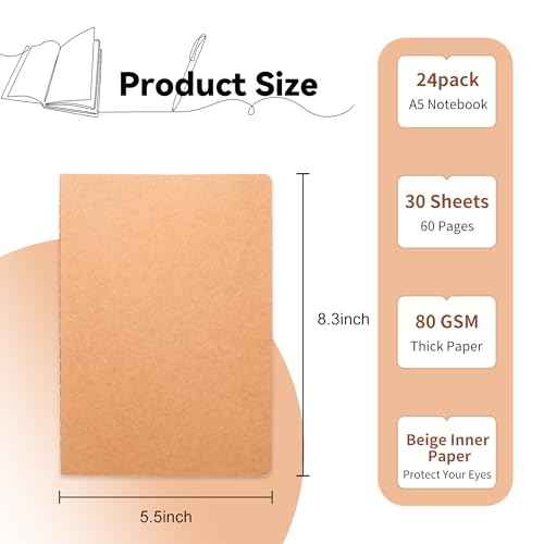 miikoul 24 Pack Blank Kraft Notebooks, 8.3"x5.5" A5 Small Journal Bulk Blank Notebooks 80 Gsm Unlined with 60 Pages A5 Subject Notebooks Traveler Journal Set for Adult Students Office School Supplies