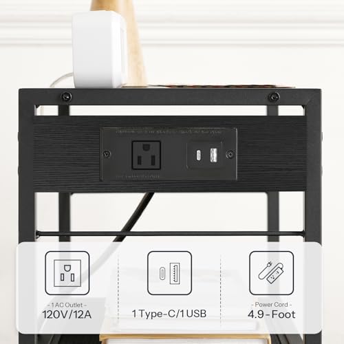 HOOBRO Industrial Printer Stand, 3-Tier Mobile Printer Table, Rolling Cart with Power Outlets and USB Ports, Home Printer Stand with 2 Hooks, for Office, Living Room, Black BB22UPS01