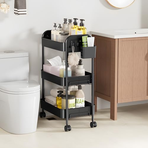 Heavy-Duty 3-Tier Metal Rolling Cart – ZXICEU Matte Black Utility Cart