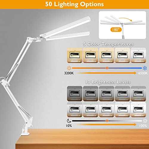 LED Desk Lamp with Clamp, Super Bright Double Head Task Light, 5 Color Modes, 10%~100% Dimmable Brightness, Modern Swing Arm Workbench Light