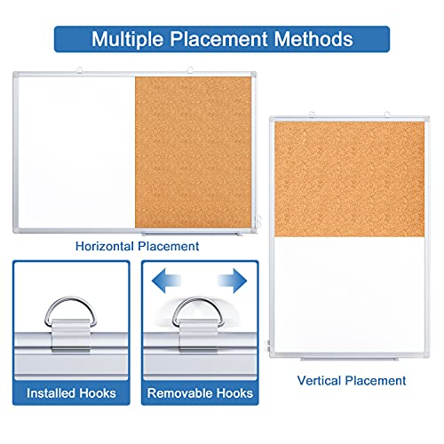 White / 36x24 Inch Magnetic Whiteboard and Cork Board Combo with Aluminum Frame