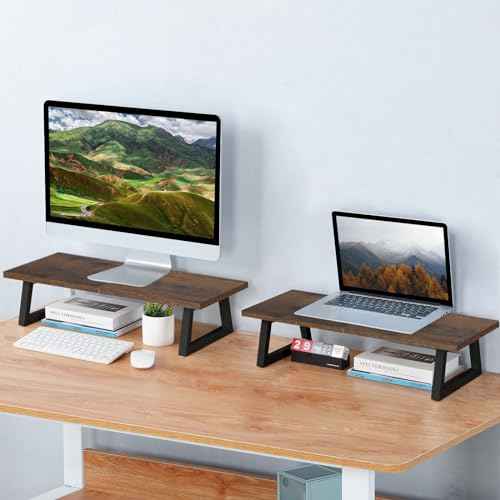 TEAMIX 24 inch Monitor Stand Riser, Rustic Brown Wood & Steel Computer Monitor Stand with Storage, Laptop, PC, Printer Stand Riser for Desktop Office Desk Organizers