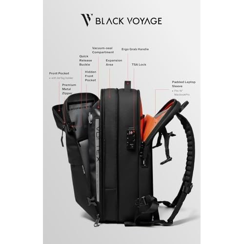 Vortex Vacuum Seal Travel Backpack 60L Expandable Air Compression System Water Resistant TSA Lock Carry-On Suitcase Luggage Black AERO - Vacuum Pump Included