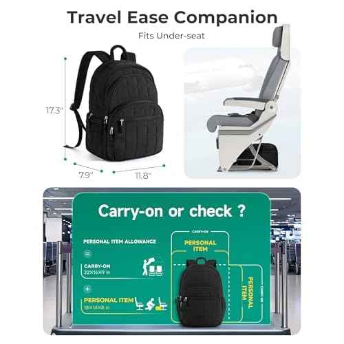 BAGSMART College Laptop Backpack, Travel Backpack for Women, Quilted Casual Daypack, Water-Resistant Bookbag for 15.6 Inch Laptop, Black