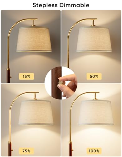 PARTPHONER Gold and Walnut Dimmable 65-Inch Mid-Century Modern Arc Floor Lamp with Linen Shade