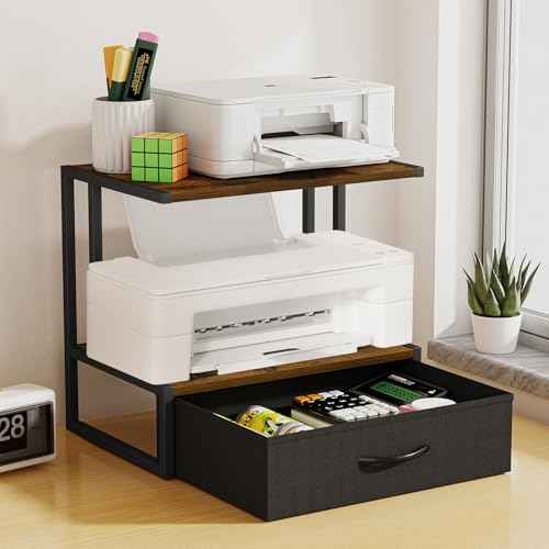 Printer Stand with Storage for Desk, with Fabric Drawer Desktop Printer Stand Shelf Organzier for Home Office, for Above and Under Desk Printer Table, Fax Machine Copier Scanner, Rustic Brown