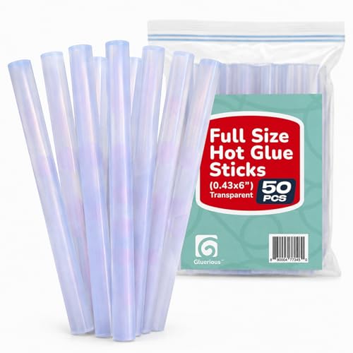 Gluerious Full-Size Glue Sticks 50-pack, 0.43in x 6in for Large Glue Gun