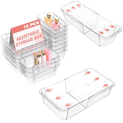 15 Pcs Extendable Clear Drawer Organizer, All Adjustable Vanity Storage Box, 2-Size Desk Drawer Organizer, Acrylic Storage Bins for Makeup, Cosmetic, Bedroom Dressers Tool Organizer for Gadgets