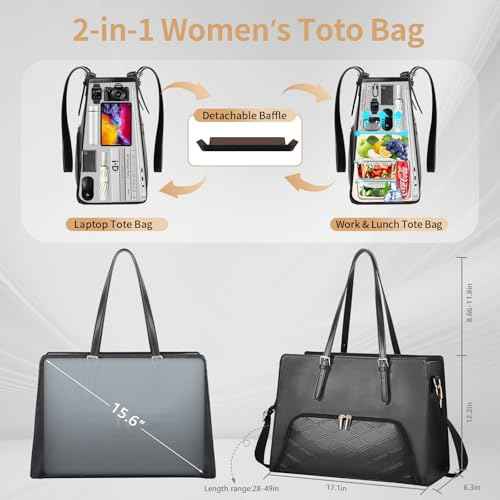 BERTASCHE Laptop Tote Bag with Insulated Lunch Compartment, 15.6 Inch PU Leather Work Bag Computer Briefcase for Women, Waterproof Laptop Shoulder Handbag for Business,Office,Work, Black