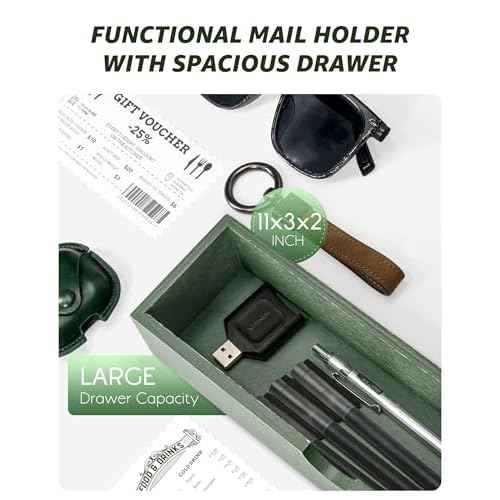 Rebee Vision Pine Wood Mail and Key Organizer for Wall ? Farmhouse Mail Organizer Wall Mounted with 7 Sturdy Hooks & Drawer Storage ? Apartment Essentials for Stylish Home Decor (Green)