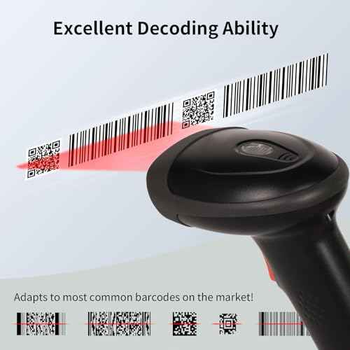 Barcode Scanner Wireless, Handheld Bar Code Scanner Versatile 2-in-1 (2.4Ghz Cordless & USB Wired) Book Scanner for Personal Library, Warehouse Inventory, Clothing Shops and More