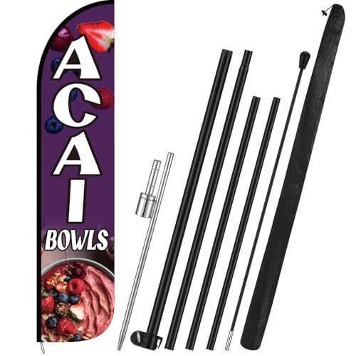 Acai Bowls Feather Flag with Pole Kit 15 ft Banner Sign for Business Advertising Feather Flag Sign with Flagpole for Outside Garden Business Store Party
