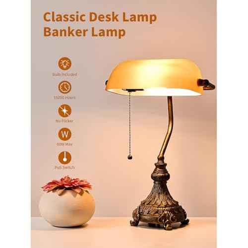 Newrays Vintage Amber Glass Bankers Desk Lamp for Home Office,Library with Pull Chain Switch Plug in Fixture, LED Bulb Included