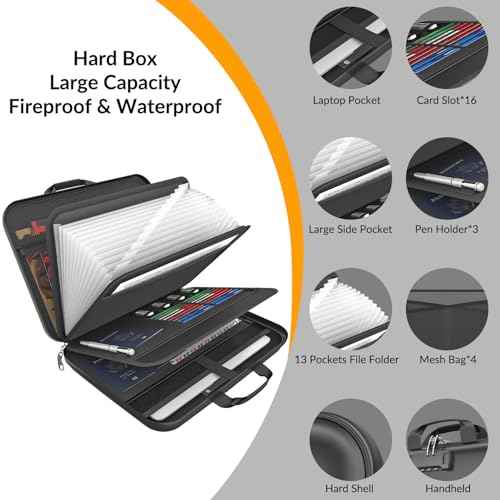 Hard Case Fireproof Document Box, Important File Organizer with Lock Waterproof Zipper, Portable Home Office Travel Storage Accordion Folder for Letter A4 Laptop Files